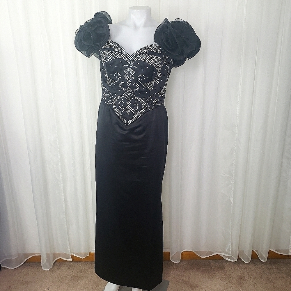 Vintage Rose Taft Black Satin Puff Sleeve Rosette Gown Rhinestone Bodice Large